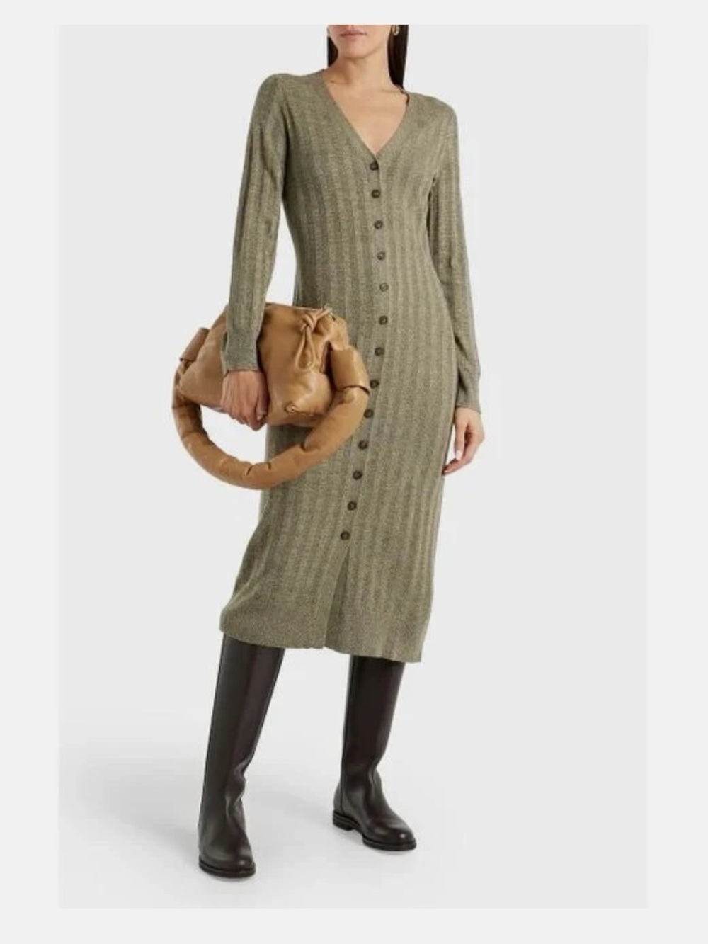 NAADAM Olive Ribbed Button-Front V-Neck Midi Dress